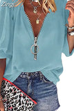 Women Shirt Summer Tops Zipper V Neck Women's Blouse New Fashion Casual Chiffon Half Sleeve 2023 Female Clothing Blusas