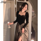 Autumn Elegant Velvet Long Sleeve Midi Dress Woman Slim Vintage Evening Party Dress Female Casual Korean Fashion Dress