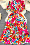 Women Floarl Dress Vintage V-Neck Short Sleeve Printed A-Line Elegant Midi Vestidos Female Casual Robe Bohemian 2023