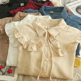 Lace Up Corduroy Shirt Women Korean Style Turn-down Collar Long Sleeve Blouses Spring Autumn Elegant Office Ladies