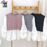Fashion Patchwork Blouses Spring New Fake Two O-Neck Puff Sleeve Blouses Tops Casual College knitted Shirt Women