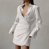 Fashion Asymmetrical Long Sleeve V Neck Black Dress Women Wrap Ruched Solid Shirt Dress Sexy Mini Ladies Elegant