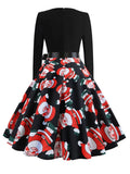 Christmas Dresses Women 50S 60S Vintage Robe Swing Pinup Elegant Party Dress Long Sleeve Casual Print