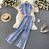 Striped 2pcs Set Women Summer Stand Collar Short Sleeve Tops + High Waist Pants Pleated Draped Suit Female