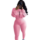 Tracksuit For Women Faith Letter Ribbed Knit Two Piece Set Casual 2 Pcs Outfits Long Sleeve Tshirts Pants Suit Matching