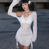 Zingj Spring And Summer New Sexy Fashion Wrinkle Hood Perspective Diagonal Collar Seaside Beach