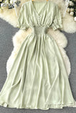 Vintage Green/Yellow/Blue/Beige Short Sleeve Long Dress Women Elegant V-Neck High Waist A-Line Maxi Vestidos New