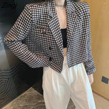 Women Basic Bird Lattice Cropped French Outwear Notched Fashion Office Lady Trendy New Arrival Autumn Quality