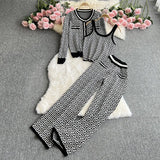 Zingj Suit Female Round Collar Jacquard Cardigan Coat Vest Three-Piece High Waist Slim Straight Wide Leg