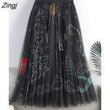 2022 Spring Summer Korean Fashion Mesh Graffiti Print Tulle Women Long Maxi High Waist A Line Pleated Skirt