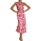 New Fashion Print Temperament Collared Shoulder Sling Sling Mid-Long Dress