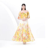 Spring New Holiday Style Printed Lotus Leaf Dress Women's Shoulder To Show Thin Spuny Chiffon