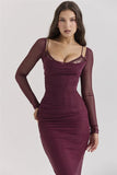 Burgundy Sheer Long Sleeve Bodycon Maxi Dress- Outfit
