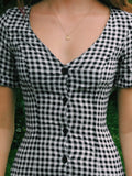 Women's Temperament Lattice V-Neck Thin Buckle Short Sleeve A-Character Dress Short