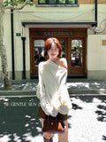 Xixi 2025 Autumn New White Standard Loose Long-Sleeved Hollow Wool Knitted Sweater Sweater Women
