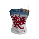 Letter-Print Spliced Denim Sling Vest Repair Outside The Hot Babes Bumpy Short Sleeveless Top