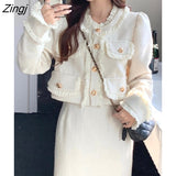 Winter White Short Tweed Jacket Women Elegant Pockets Chic Casual Coat Female Single-breasted Fashion Korean Slim Sweet