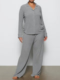 Long Sleeve Button Down Ribbed Knit Pajamas Set- Outfit