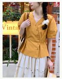 Explosion In Korean Version Of The Slanted Buckle V-Neck Short-Sleeved Shirt Women's Art Retro Princess Sleeve Loose Thin
