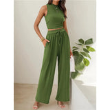 Summer Knitting Casual Suit Sleeveless Round Collar Short Repair Body Broad Leg Pants Two