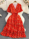 Bohemian Women Floral Printed Midi Dress Elegant V-Neck Short Sleeve High Waist Draped Slim Big Swing Vestidos Female