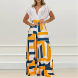 Women's Autumn New Temperament V-Neck Print Wide Leg Pants Fashion Casual Set