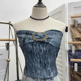 Style Retro Brae Waist-Dyed Wear Sexy Shoulder-Wrapped Sleeveless Top