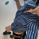 Girl Wind Polo Collar Five-Point Sleeve Folded Sleeves Folded Striped Cool Slim Waist Shirt Thin