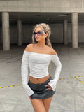 New Sexy Double Mesh Top Sweet One-Word Shoulder Wrinkle Horn Long-Sleeved T-Shirt