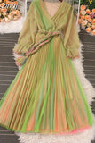 Autumn Women Mesh Pleated Long Dress Vintage Pink/Yellow/Brown V-Neck Flare Sleeve Draped Maxi Vestidos With Belt