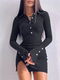 Women Autumn Ribbed Slim Mini Dresses Casual Sexy Long Sleeve Lapel Neck Buttons Side Split Dress Streetwear