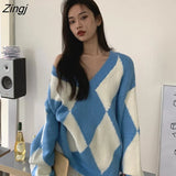 Black White Argyle Sweater Women V-neck Loose Female Knitted Pullover Harajuku Korean Style Daily Oversized Knitwear