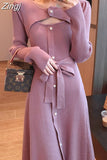 Knitting One Piece Dresses Women Casual Long Sleeve Button Sweater Midi Dress Elegant Female Office Korean 2023