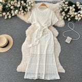 Zingj Summer Wear New Retro Hollow Out Light Ripe Super Fairy Short Sleeve Dress Female Sen Department Fishtail Package Hip Long Skirt