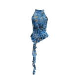 Irregular Hanging Neck Dyeing Net Yarn Vest Lotus Side Ribbon Short Sleeveless Top