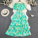 Women Vacation Beach Long Dress Sexy Slash Neck Off Shoulder Short Sleeve High Waist Floral Ruffle Maxi Vestidos