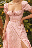 Women Floral Print Long Dress Summer Chic Short Sleeve Square Collar Split A Line Party Sundress Ladies Holiday Beach