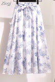 Women Summer Floral Print Chiffon Girls Spring Korean A-Line High Waist Ladies Elegant Office Holiday Midi