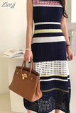 Sleeveless Hollowed Out Summer Women Temperament Elegant Knitting Dress Korean Ladies Dresses Woman New Long