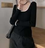Contrast Color Trim Slim Long Sleeve Knit TopOutfit