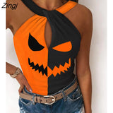 Women Halloween Graphic Print Colorblock Tank Halter Top Summer Streetwear Casual T-Shirts Hollow Out Lounge Womens