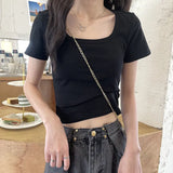 Zingj Short T-Shirt Female Solid Color 2024 New High Waist Slim Show Thin Hot Girl All-Match Short-Sleeved Square Collar Top
