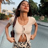 Sexy Cropped Top Lace up Short Sleeve Hollow out Front Split Hem O-Neck Slim Women Fashion Summer New Sexy