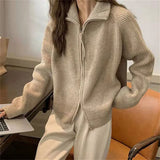 Zingj Zipper Autumn Winter Collar Solid Color Lazy Wind Wear Sweater Coat Jacket Korean Version Soft Waxy Women-Outfit