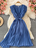 Women Green/Red/Beige Pleated Midi Dress Vintage V-Neck Draped Party Robe Female Elegant Casual Vestidos New Fashion