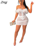 Women Feather Two Piece Set Strapless Shirt + Mini Skirt Dress Sheer Mesh Party NIght Clubwear Dresses For Women