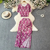 New Fashion Fashion Print Loose Short-Sleeved Top High Waist Open Elegant Commuter Skirt