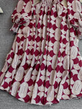 Vintage Women Printed Dress Female Elegant Stand Collar Lantern Long Sleeve High Waist A-Line Midi Vestidos New