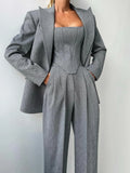 Women's Fashion Solid Color Waist Fish Bone Shoulder Suit Three-Piece Set Of Women Simple Commuting High-Waisted