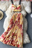 Vacation Beach 2pcs Set Women Floral Printed Short Strapless Tops And High Waist Pleated Long Skirt Suit Spring